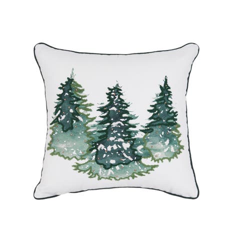 Evergreen Trees Embellished 100% Cotton Christmas Accent Throw Pillow 18" x 18"