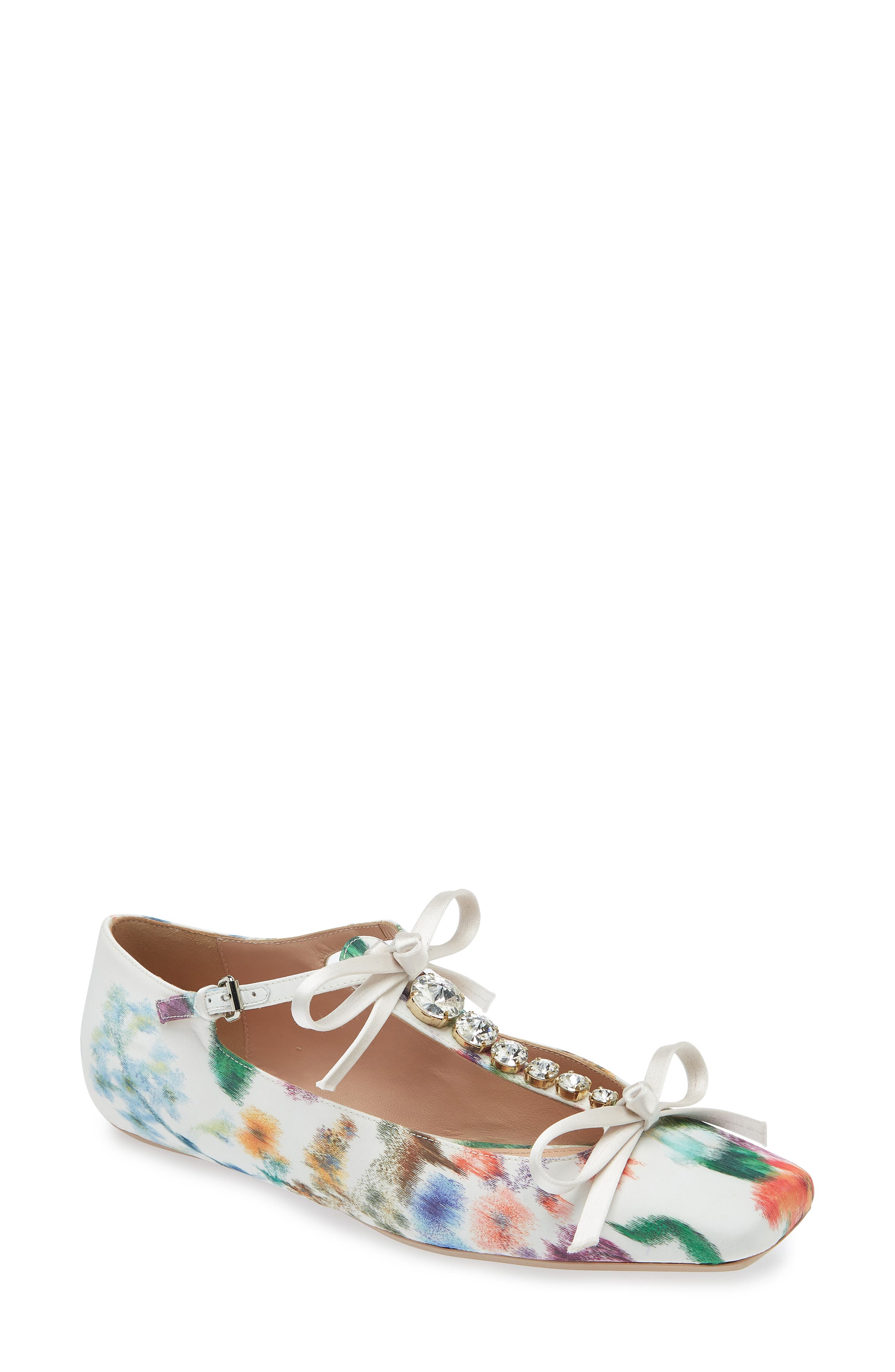 Giambattista Valli Rhinestone T-Strap Floral Satin Ballet Flat, Main, color, Ivory/ Rose P015