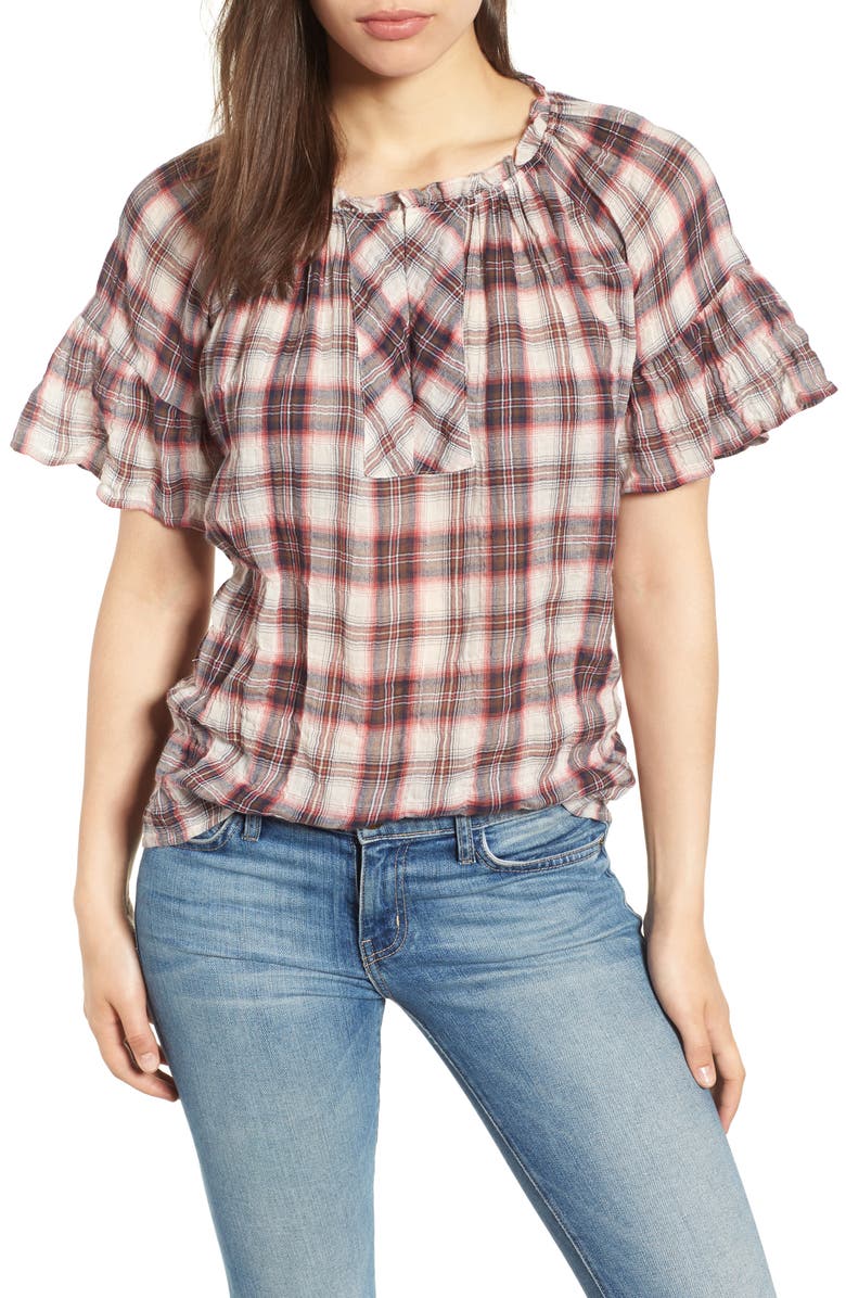 Velvet by Graham & Spencer Flutter Sleeve Plaid Top, Main, color, 