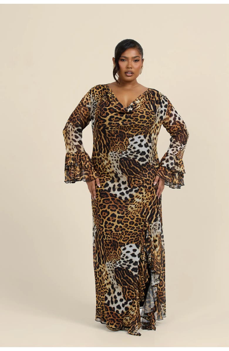 FASHION-SZN CURVE Ruffle Leopard Print Maxi Dress, Alternate, color, Brown