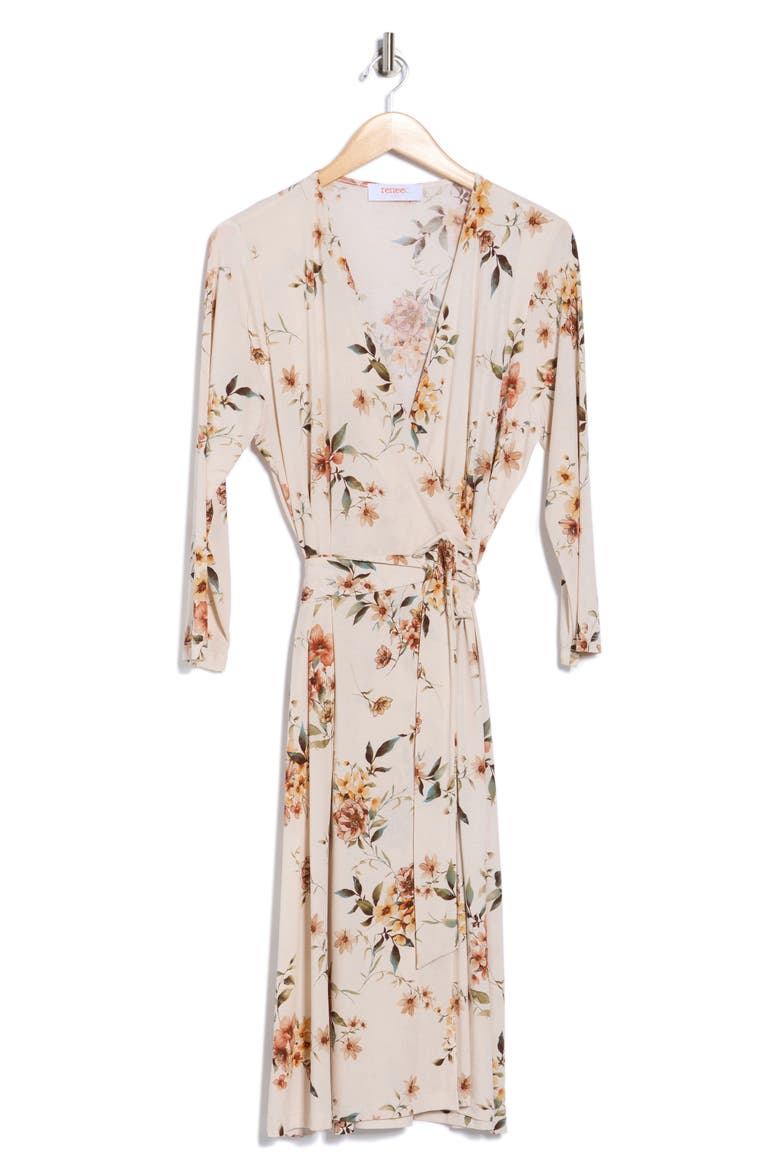 Floral Long Sleeve Jersey Wrap Dress, Alternate, color, IVORY
