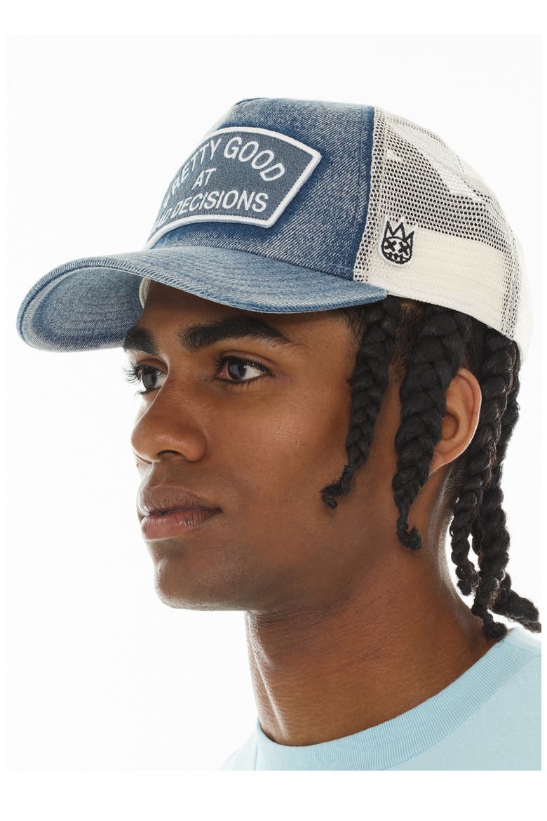 Good at Bad Decisions Denim Trucker Hat, Alternate, color, DENIM