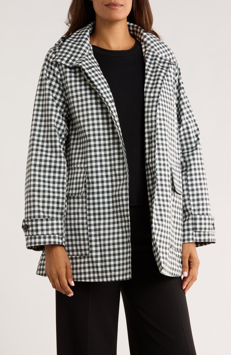 Bernardo Gingham Hooded Raincoat, Alternate, color, Black/White