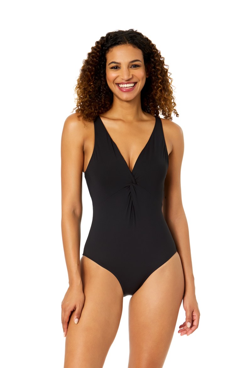 Women's Live In Color Solid Plunge Twist One Piece Swimsuit, Main, color, Black