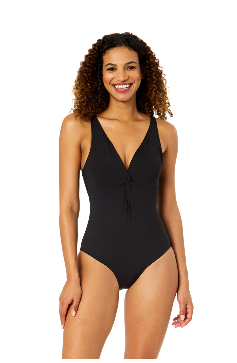 Anne Cole Women
s Live In Color Solid Plunge Twist One Piece Swimsuit, Main, color, Black