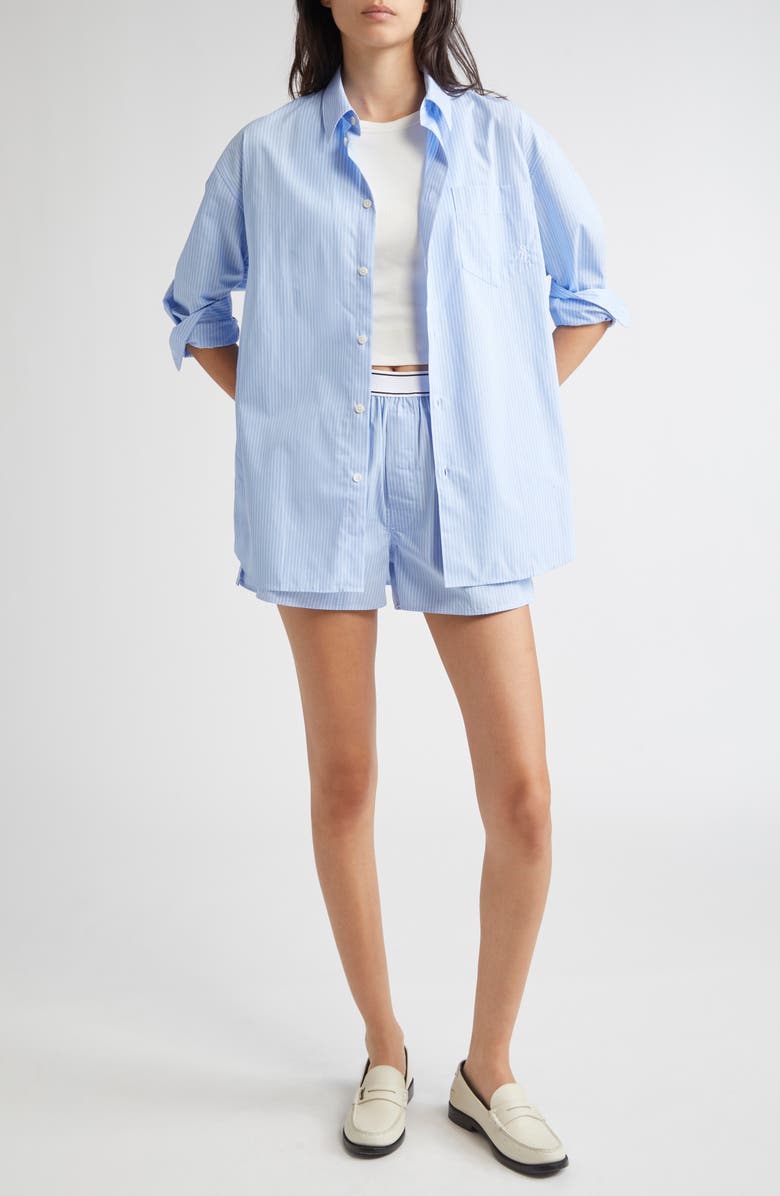 Sporty & Rich SRC Stripe Oversize Cotton Poplin Button-Up Shirt, Alternate, color, Light Blue Striped