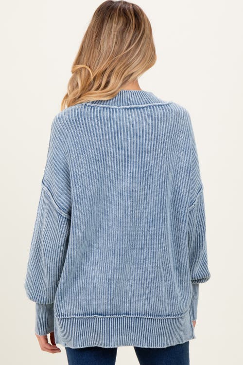 Pinkblush Washed Side Slit Oversized Sweater In Blue