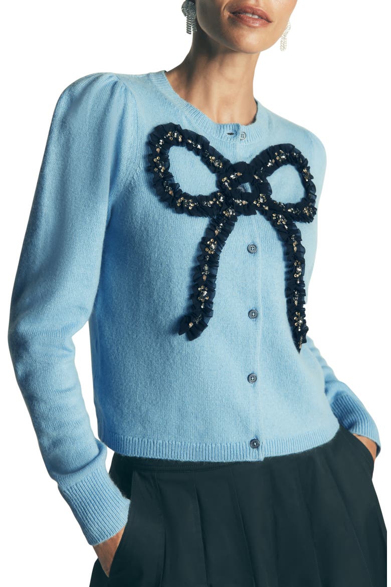 Ria Embellished Cardigan, Main, color, BLUE, BOW