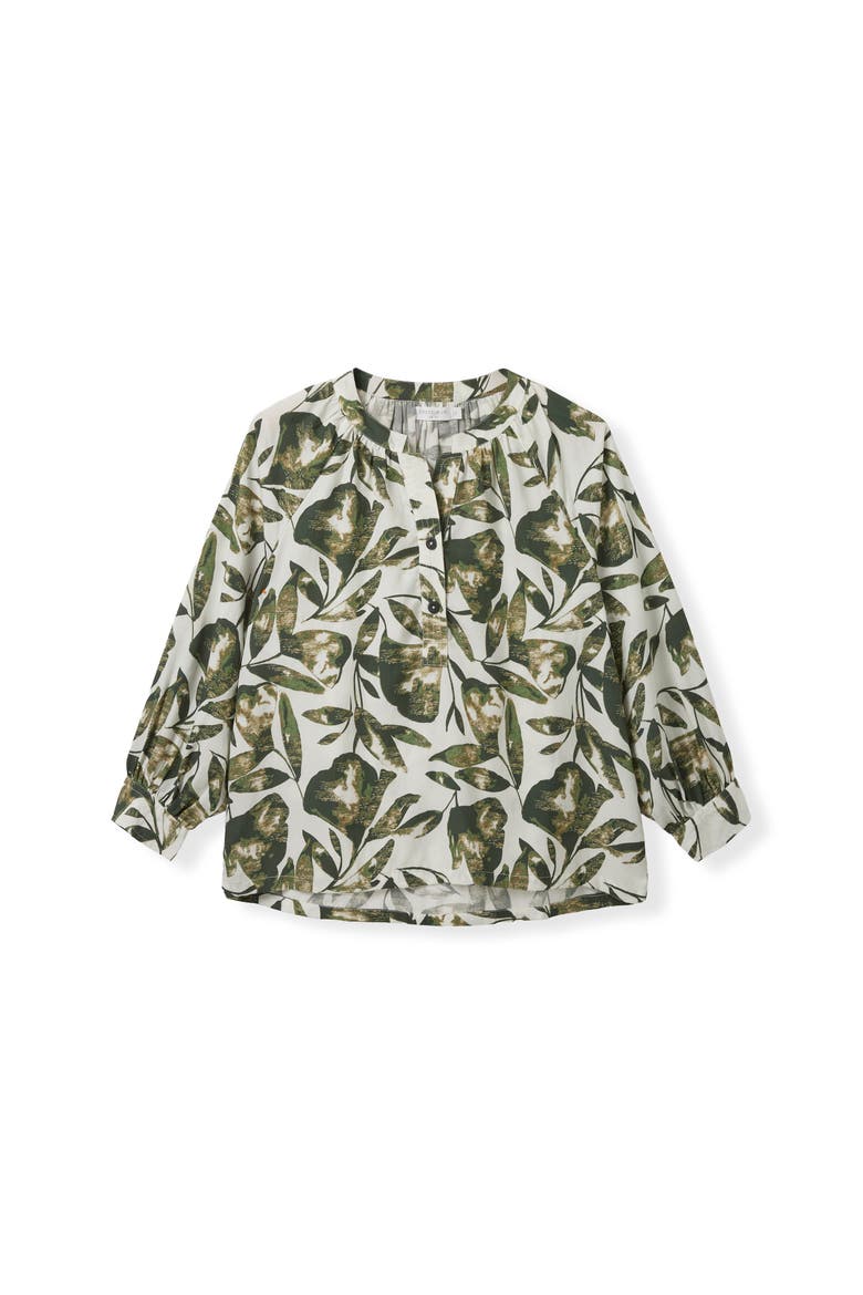 Relaxed Cotton Printed V-Neck Blouse, Alternate, color, Chalk / Khaki Leaf