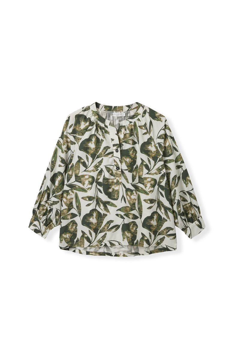 Celtic & Co. Relaxed Cotton Printed V-Neck Blouse, Alternate, color, Chalk / Khaki Leaf