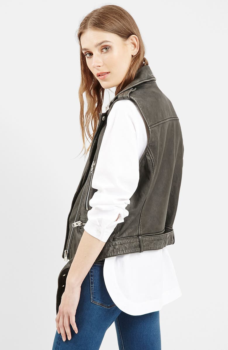 Topshop 'Sylvia' Leather Biker Vest, Alternate, color, 