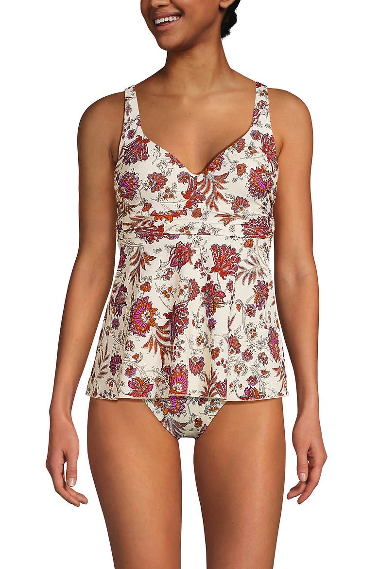 Sweetheart Belted Flutter Tankini, Main, color, Egret White Ornate Floral