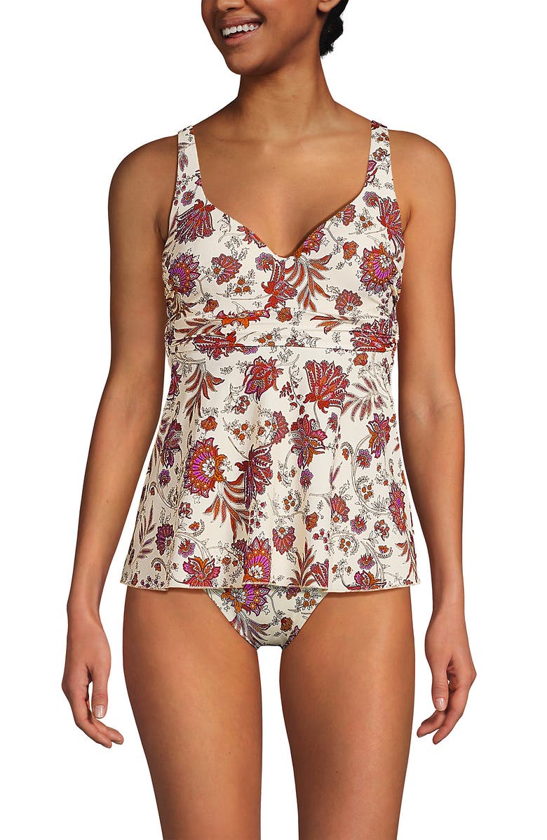 Lands' End Sweetheart Belted Flutter Tankini, Main, color, Egret White Ornate Floral