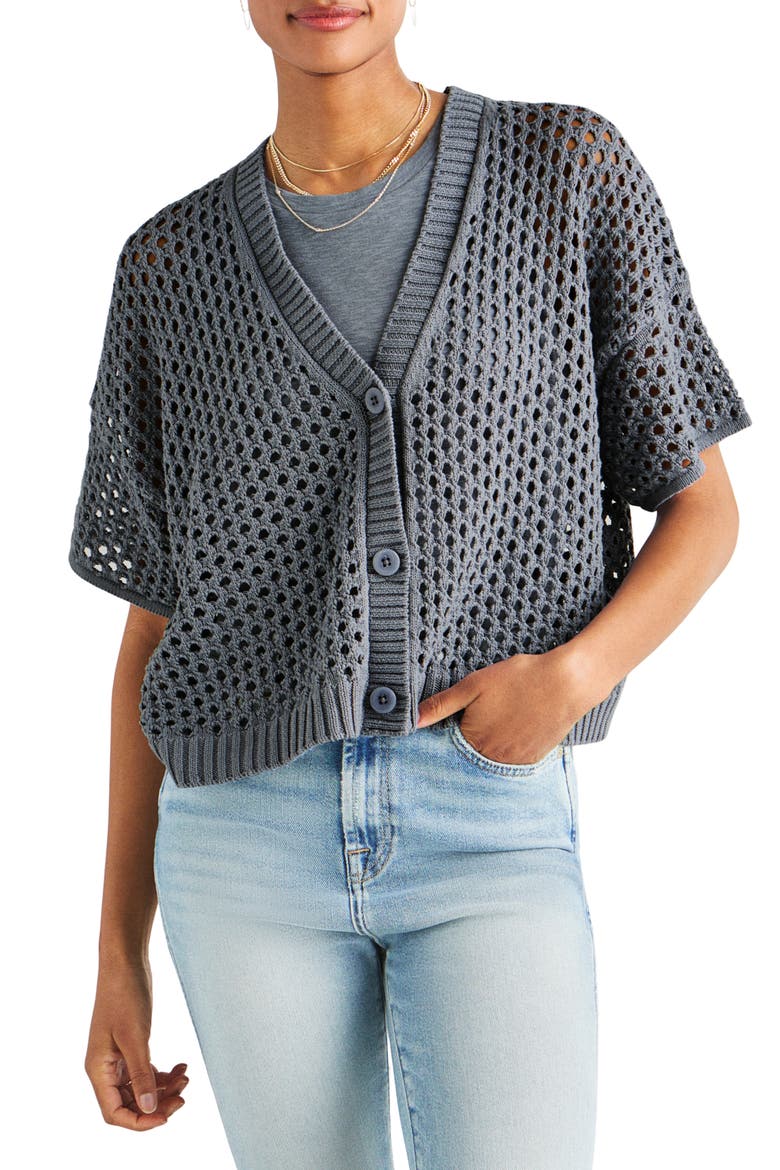 Nova Short Sleeve Cotton Pointelle Cardigan, Main, color, STORM