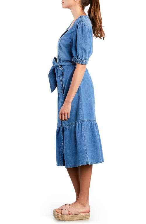 Wash Lab Denim Ruffle Hem Tie Waist Denim Midi Dress In Blue