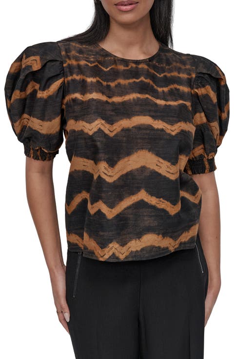 Abstract Print Puff Sleeve Voile Top