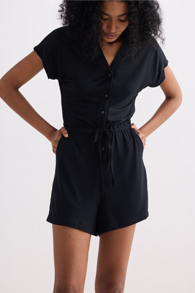V Neck Drawstring Knit Romper, Alternate, color, Black