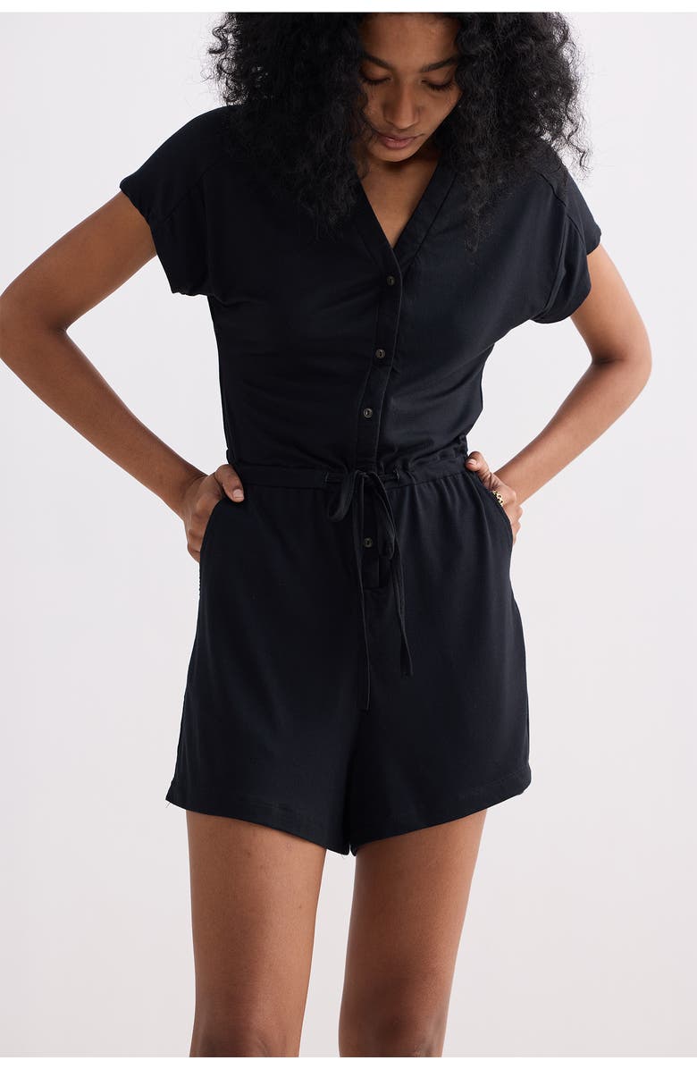 Reistor V neck Drawstring Knit Romper in Black, Alternate, color, Solid