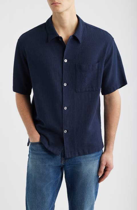 Open Weave Short Sleeve Button-Up Shirt
