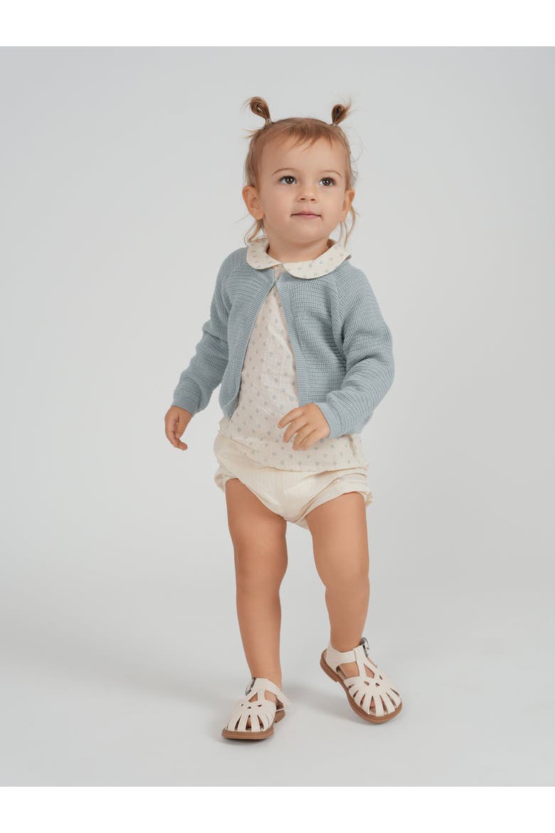 Printed Gauze 3 Piece Short Sleeve Top, Cardigan and Shorts Set, Alternate, color, Cream/Blue