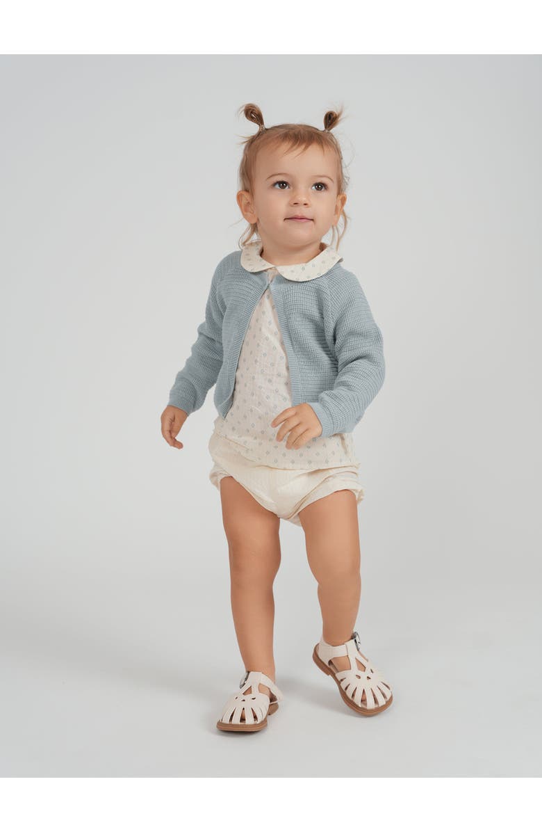 Space Grey Printed Gauze 3 Piece Short Sleeve Top, Cardigan and Shorts Set, Alternate, color, Cream/Blue