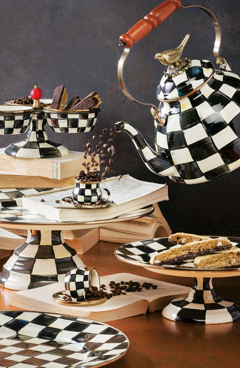 MACKENZIE CHILDS Courtly Check Enameled Steel 3-Quart Tea Kettle with Bird, Alternate, color, 