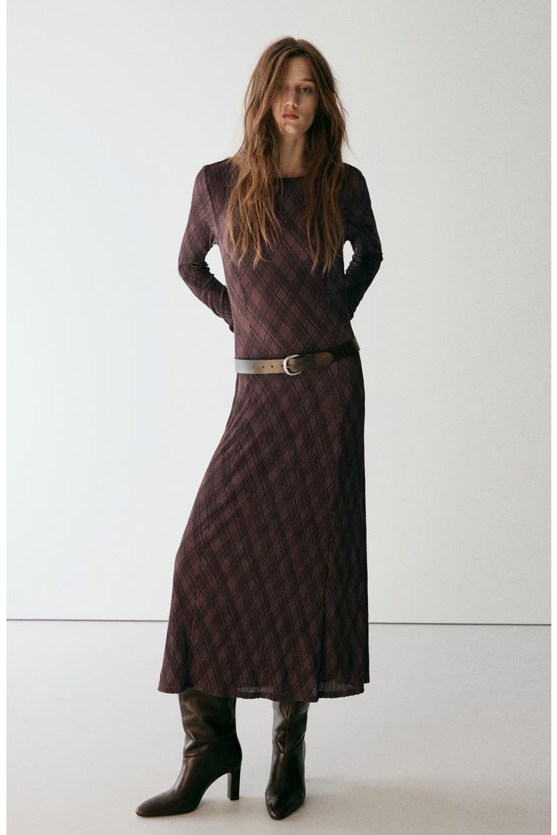Plaid Long Sleeve Midi Dress, Alternate, color, BROWN