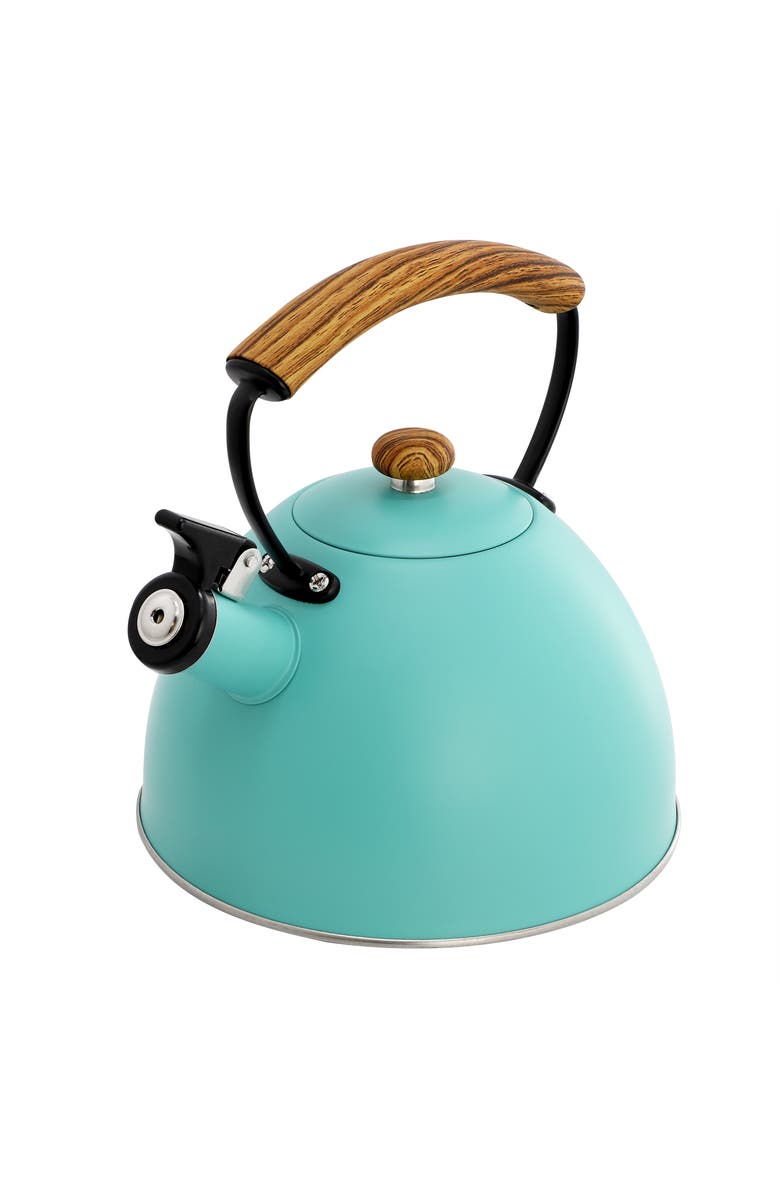 Megachef 3.2 Quart Whistling Tea Kettle with Wood Grain Nylon Cool Touch Handle, Alternate, color, Matte Turquoise