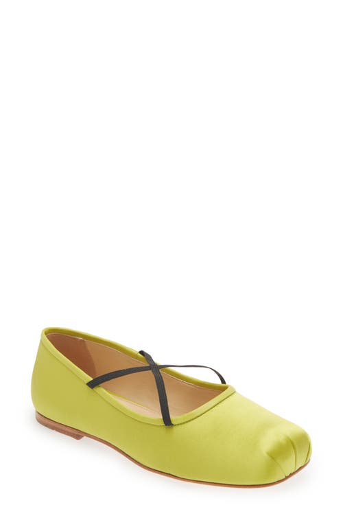 Sandy Liang Crisscross Strap Ballet Flat in Chartreuse Satin 