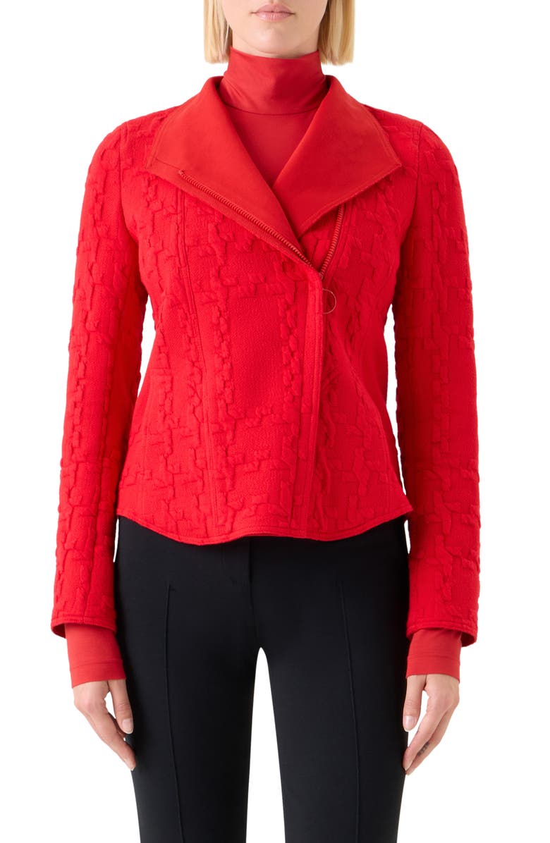 Akris punto Glen Check Cotton Blend Knit Moto Jacket, Main, color, Vermillion