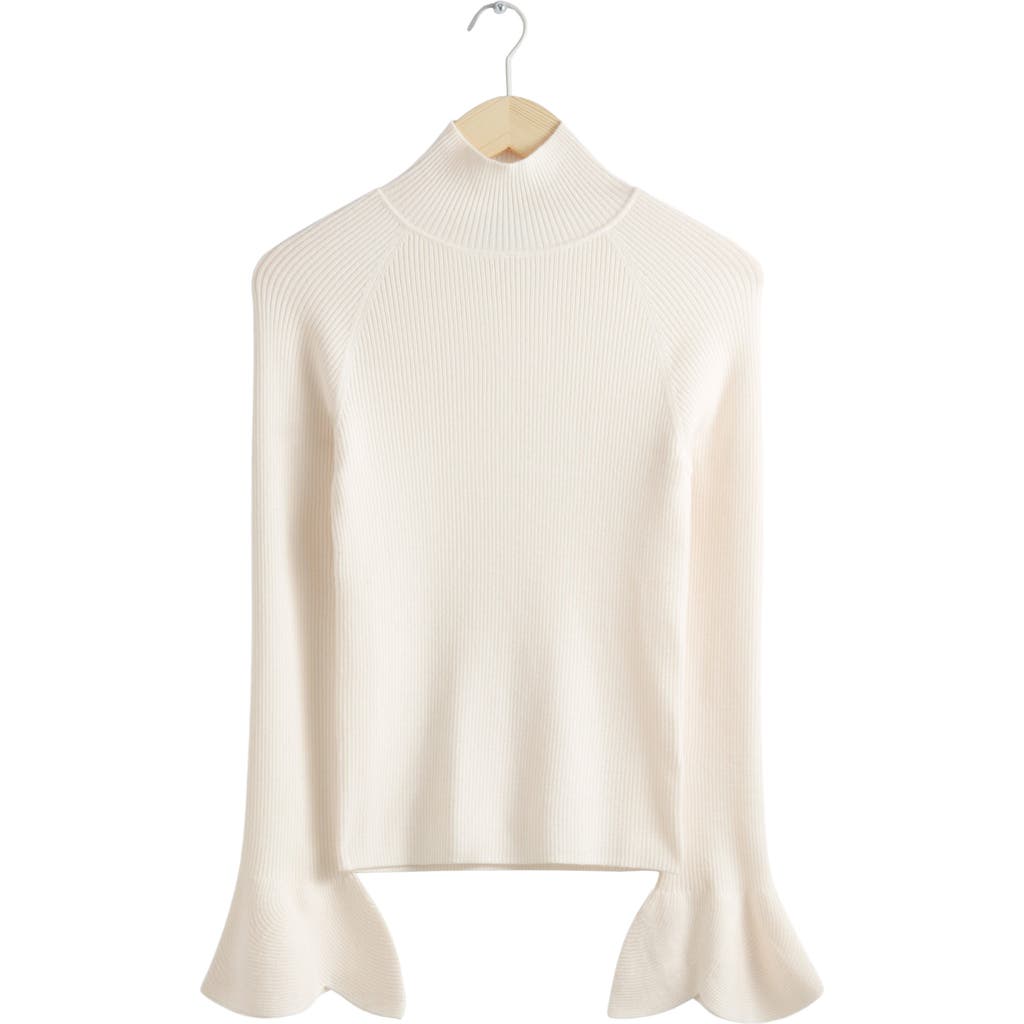 & Other Stories Flare Cuff Wool Blend Rib Turtleneck Sweater In White Dusty Light