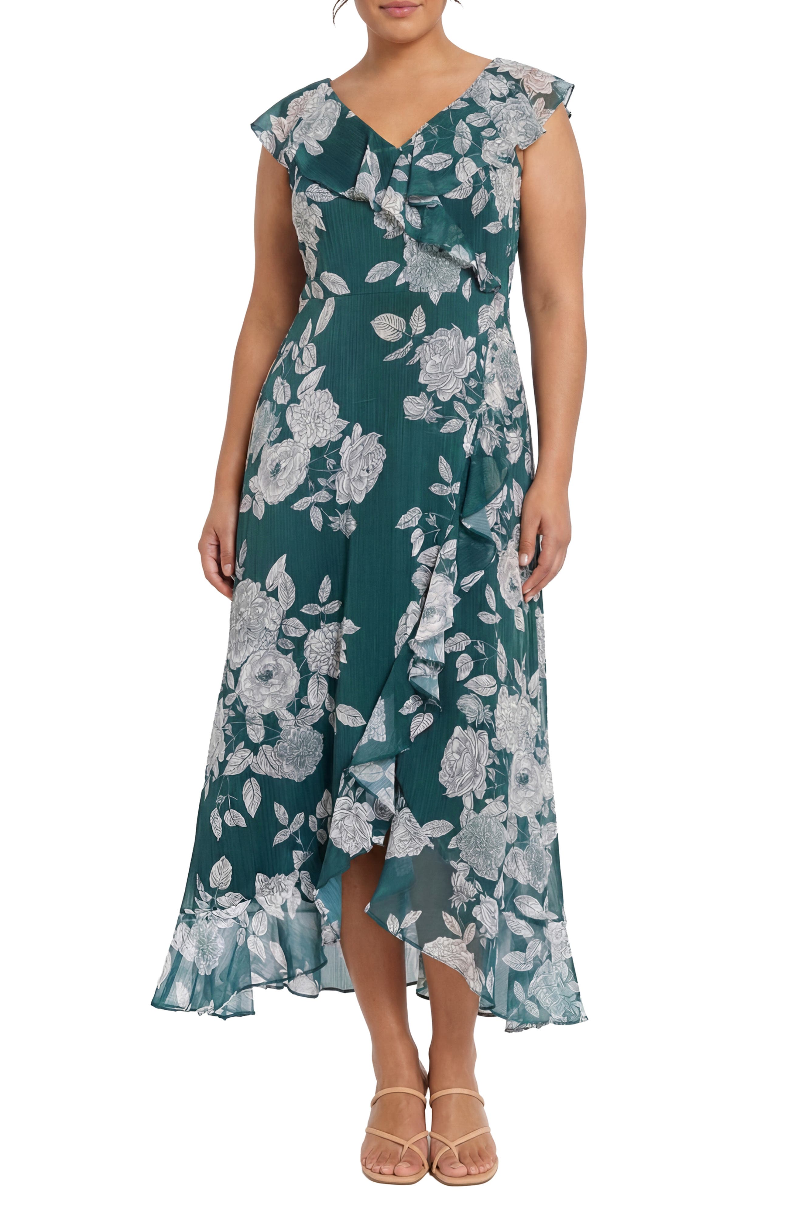 London Times Floral Ruffle Cap Sleeve Faux Wrap Maxi Dress
