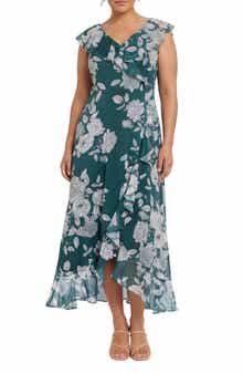 London Times Floral Ruffle Cap Sleeve Faux Wrap Maxi Dress