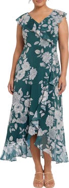 London Times Floral Ruffle Cap Sleeve Faux Wrap Maxi Dress