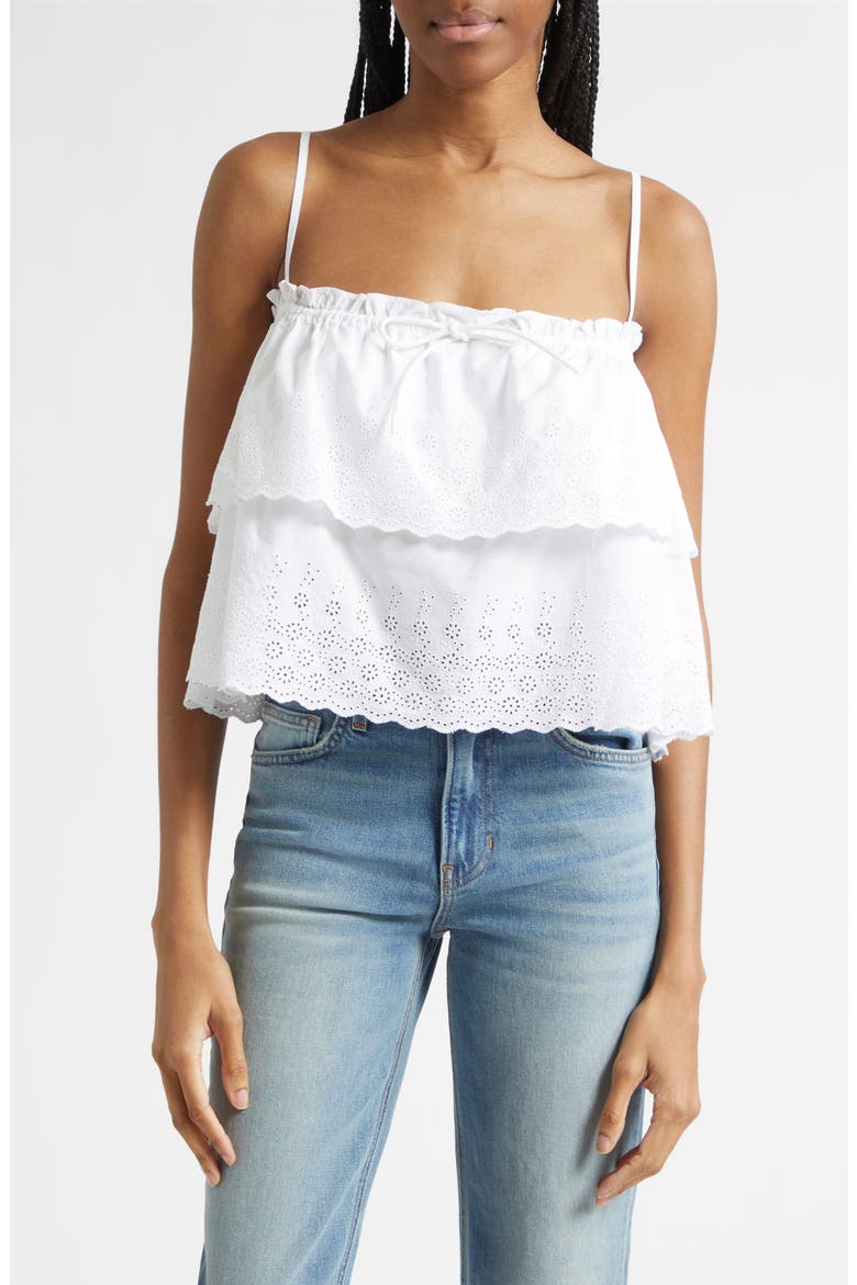 Oseanna Tiered Embroidered Cotton Top, Main, color, WHITE