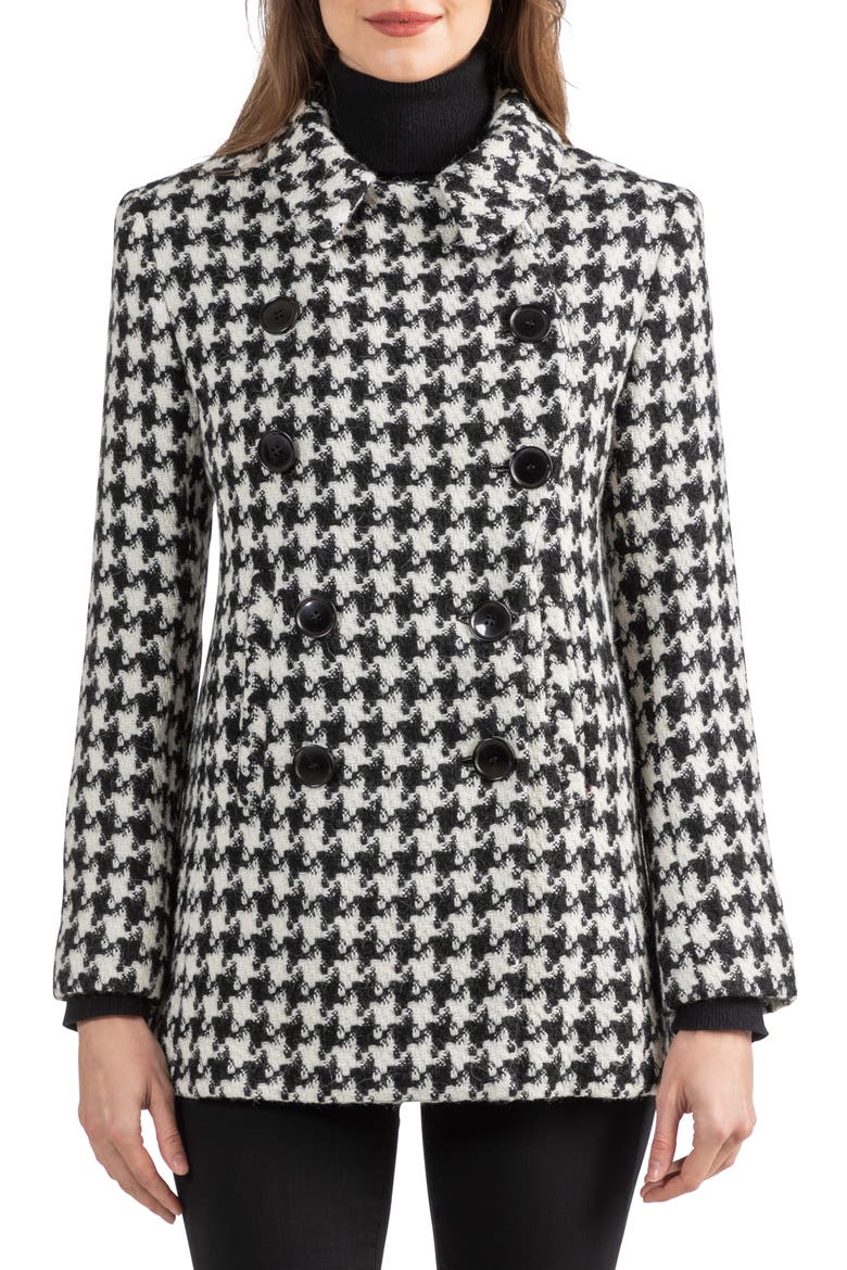Houndstooth Alpaca & Wool Blend Peacoat, Main, color, BLACK