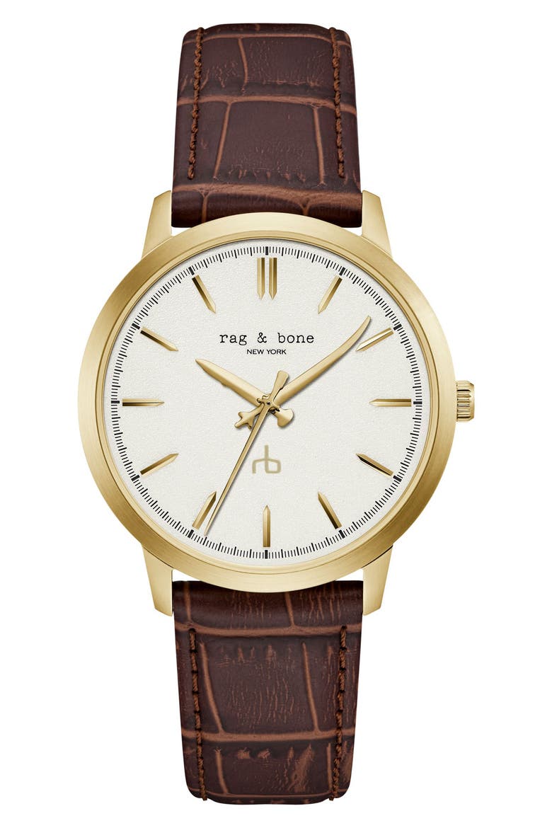 Manston Leather Strap Watch, 40mm, Main, color, GOLD-TONE/ BROWN