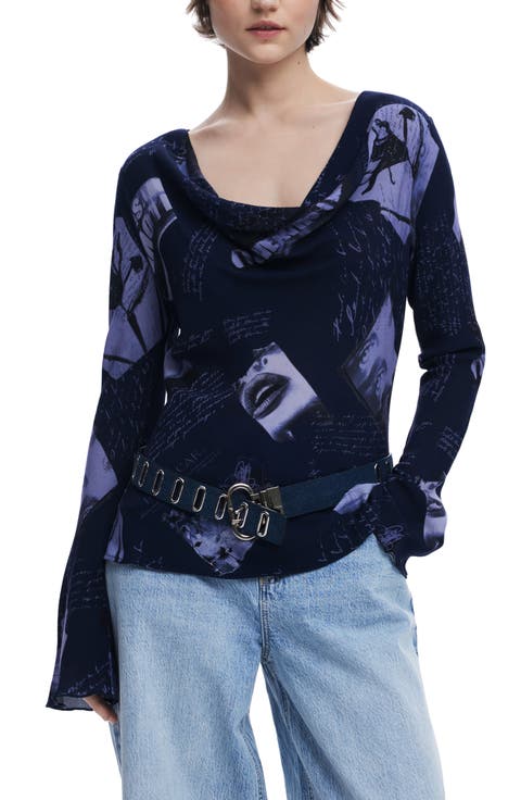 Print Cowl Neck Top