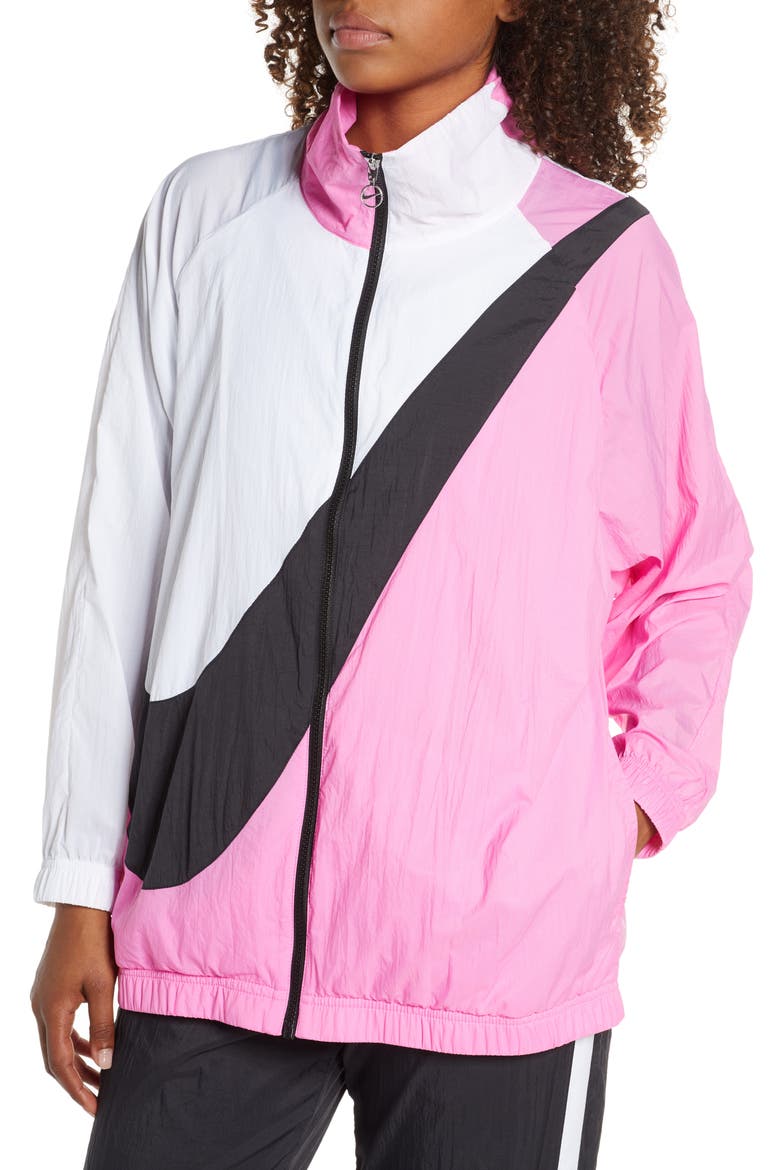 Sportswear Women's Woven Swoosh Jacket, Alternate, color, CHINA ROSE/ WHITE/ BLACK