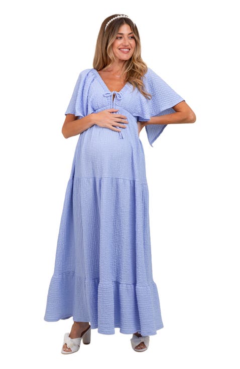 Woven Textured Flutter Sleeve V-Neck Tiered Maxi Dress