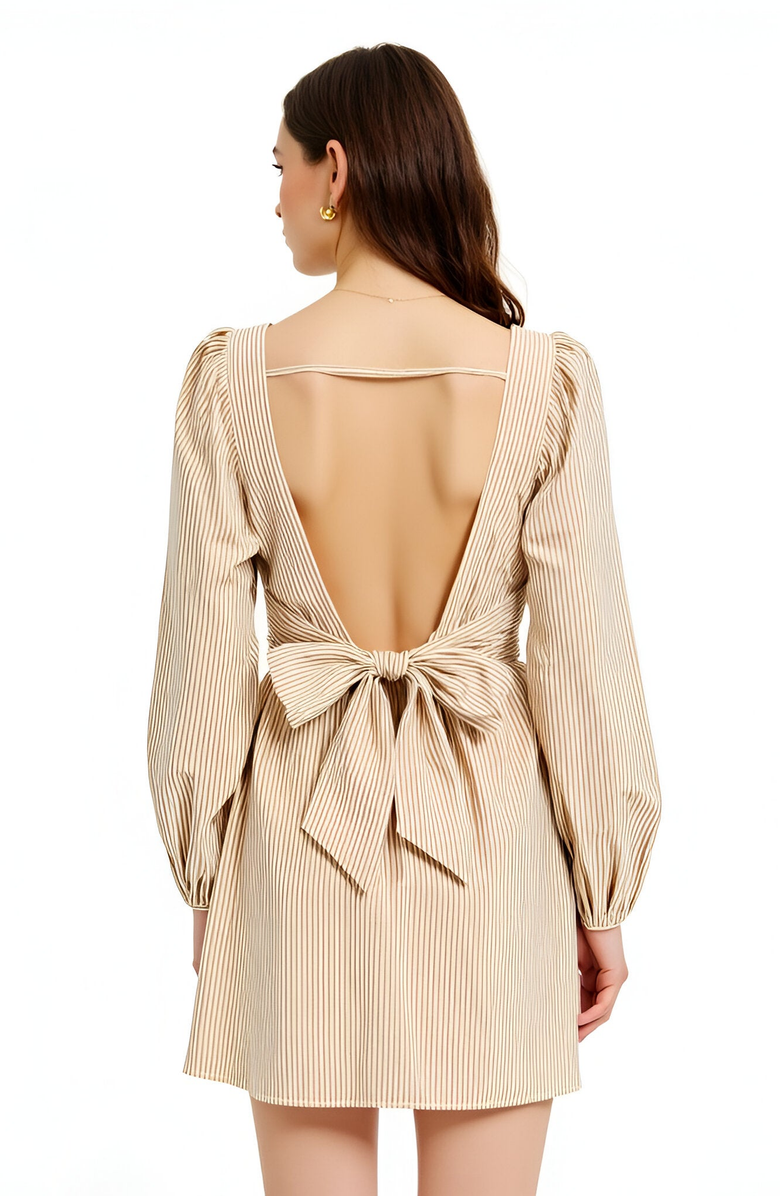 Modenaire Striped Mini Dress with Square Neckline, Puff Sleeves and Back Bow Detail, Alternate, color, 