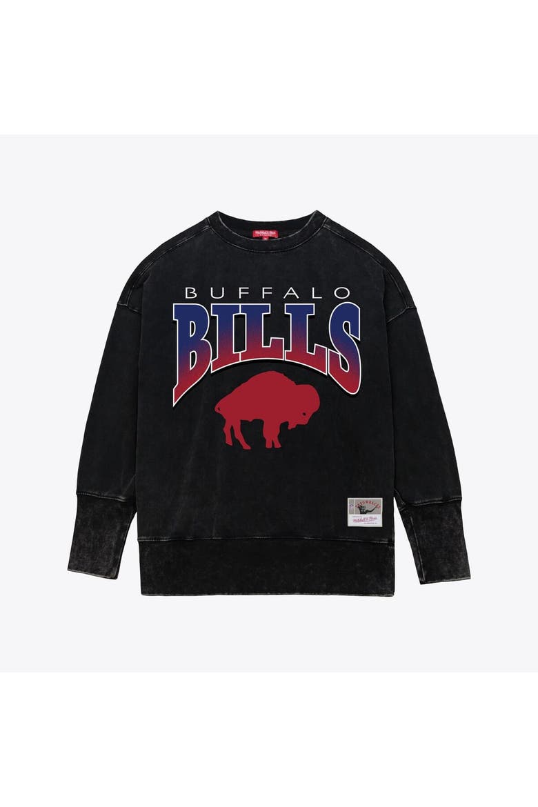 Women's Mitchell & Ness  Black Buffalo Bills Delineate Mineral Wash Crewneck Sweatshirt, Main, color, Black