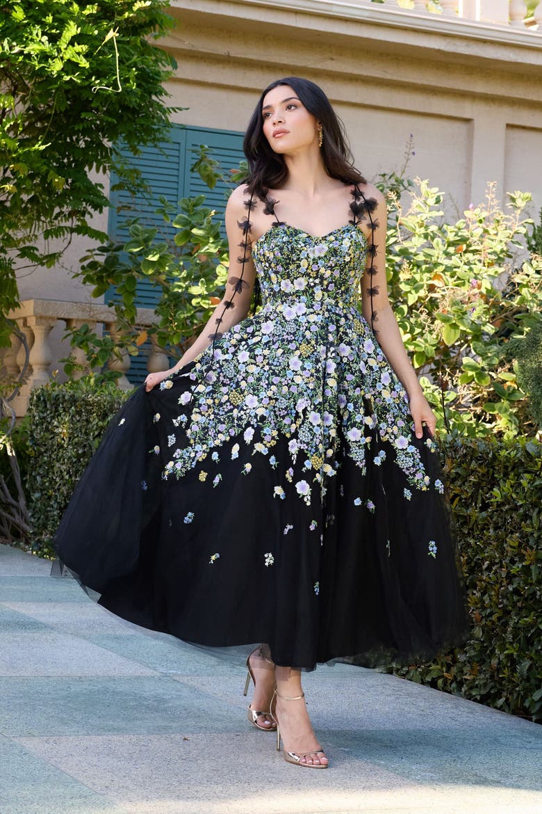 Floral Embroidered Tulle A-Line Gown, Alternate, color, Black Multi