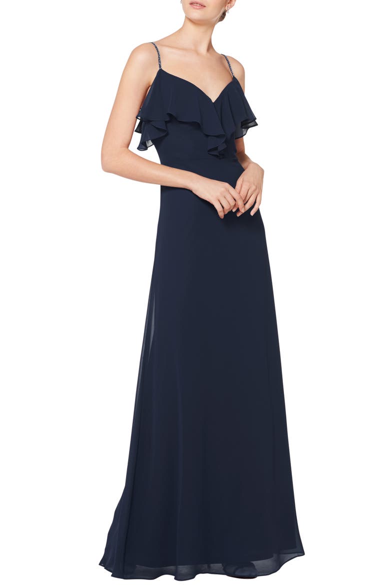 Embellished Ruffle Neck Chiffon A-Line Gown, Main, color, NAVY