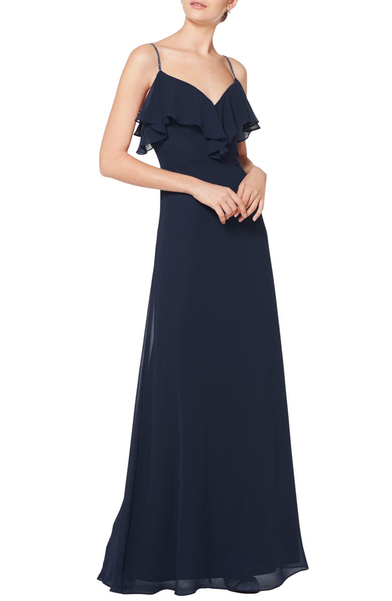 #Levkoff Embellished Ruffle Neck Chiffon A-Line Gown, Main, color, 