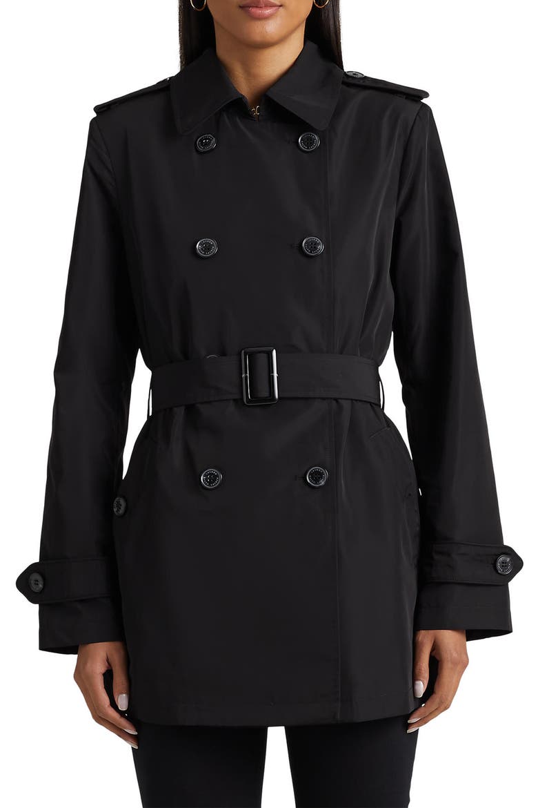 Belted Water Repellent Taffeta Trench Coat, Main, color, BLACK