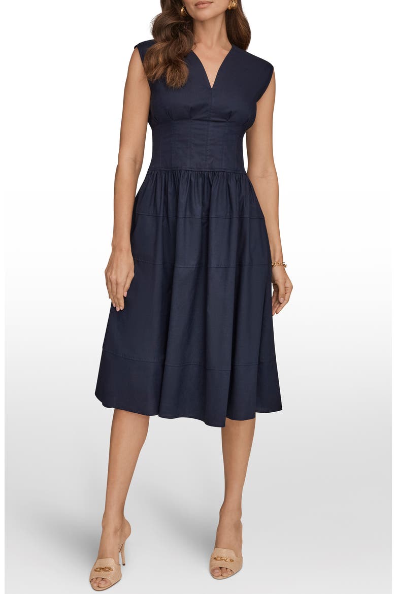 Cap Sleeve Illusion Knit A-Line Midi Dress, Main, color, INK