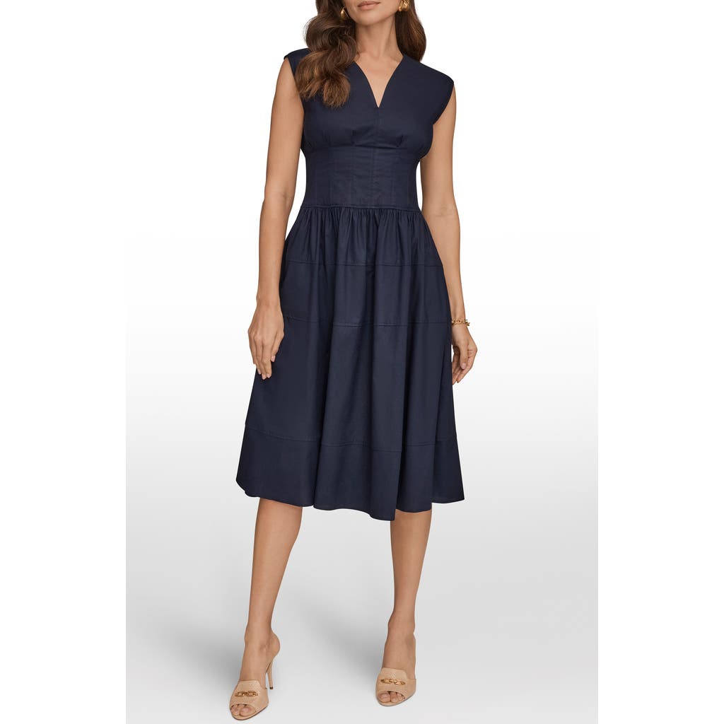 Donna Karan Weekend Cap Sleeve Illusion Knit A-line Midi Dress In Blue