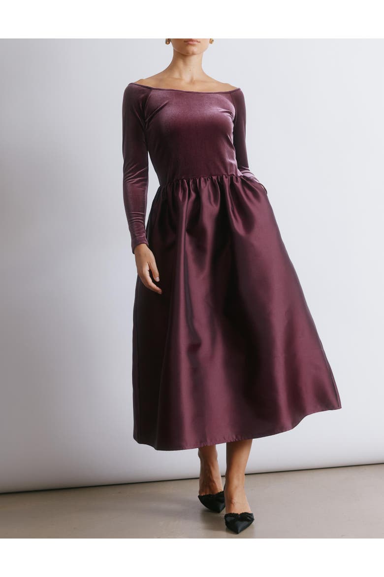 Velvet & Taffeta Bardot Dress, Alternate, color, Burgundy