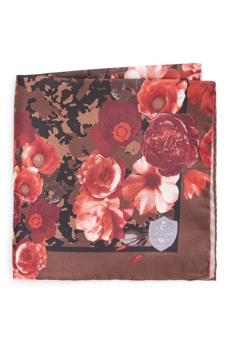 Red & Brown Floral Silk Pocket Square, Main, color, RED